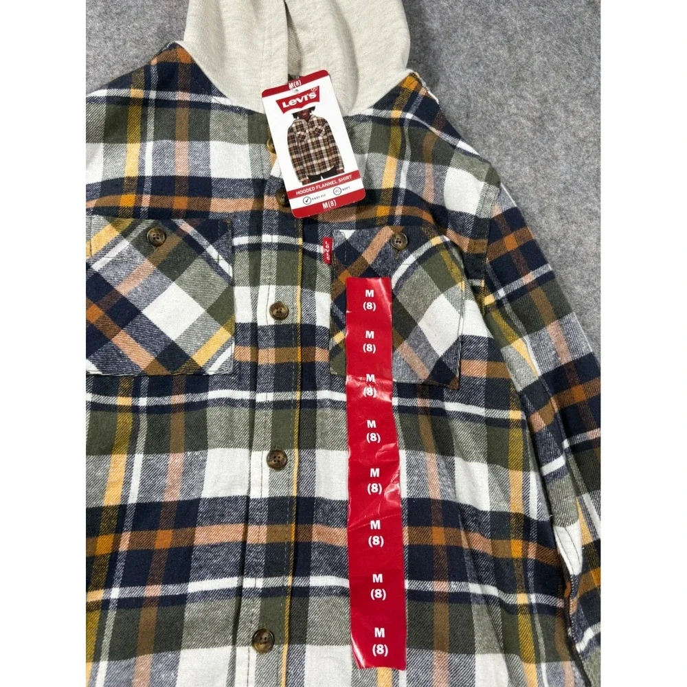 Levi's Boys Hooded Flannel Shirt Oatmeal Heather‎ Plaid Size M 8